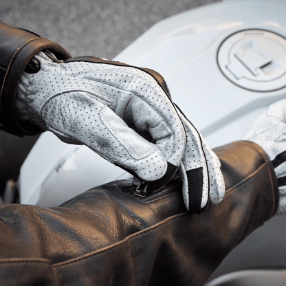 *NEW* 'Racer' Gloves | Retro Motorbike Gauntlet Gloves | Perforated White Leather