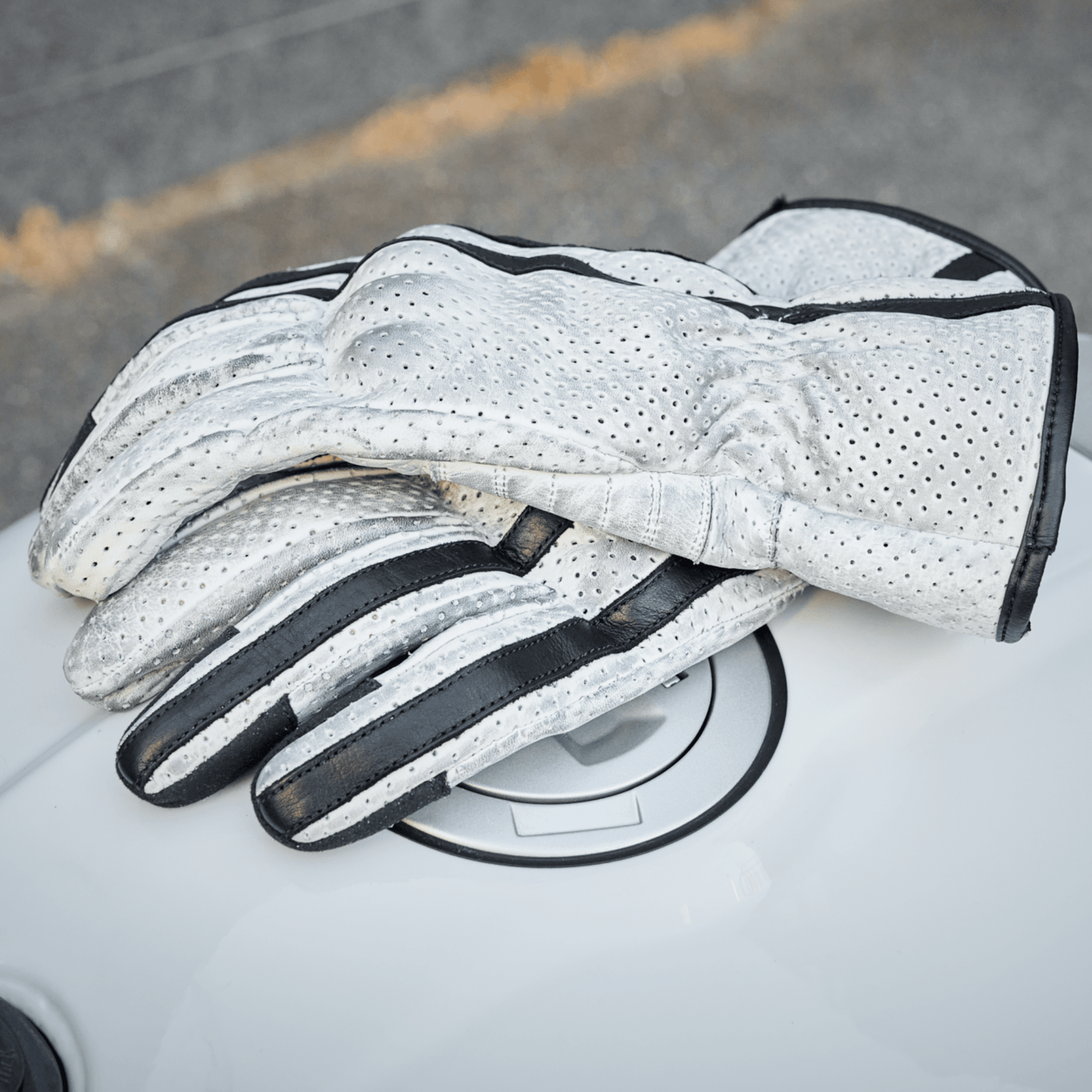 *NEW* 'Racer' Gloves | Retro Motorbike Gauntlet Gloves | Perforated White Leather