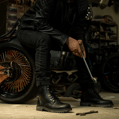 Moc Toe Black Leather Motorcycle Boots | Trip Machine Boots