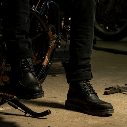 Moc Toe Black Leather Motorcycle Boots | Trip Machine Boots