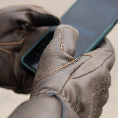 'The Original' Retro Motorbike Gloves Brown Distressed Leather typing on touch screen phone